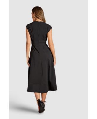 Women's Belted Crepe V-Neck Midi Dress.