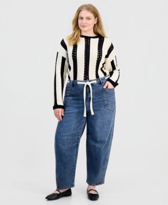 Trendy Plus Size Tie-Waist Barrel Jeans