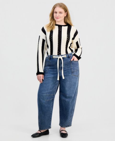 Женские джинсы And Now This Trendy Plus Size Tie-Waist Barrel, цвет: Тёмный джинсовый