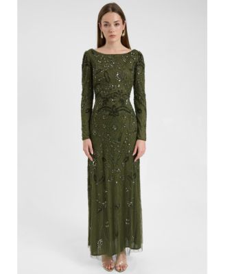 Women's Modest Embellished Sequin Beaded Dress Maxi With Wide Neck