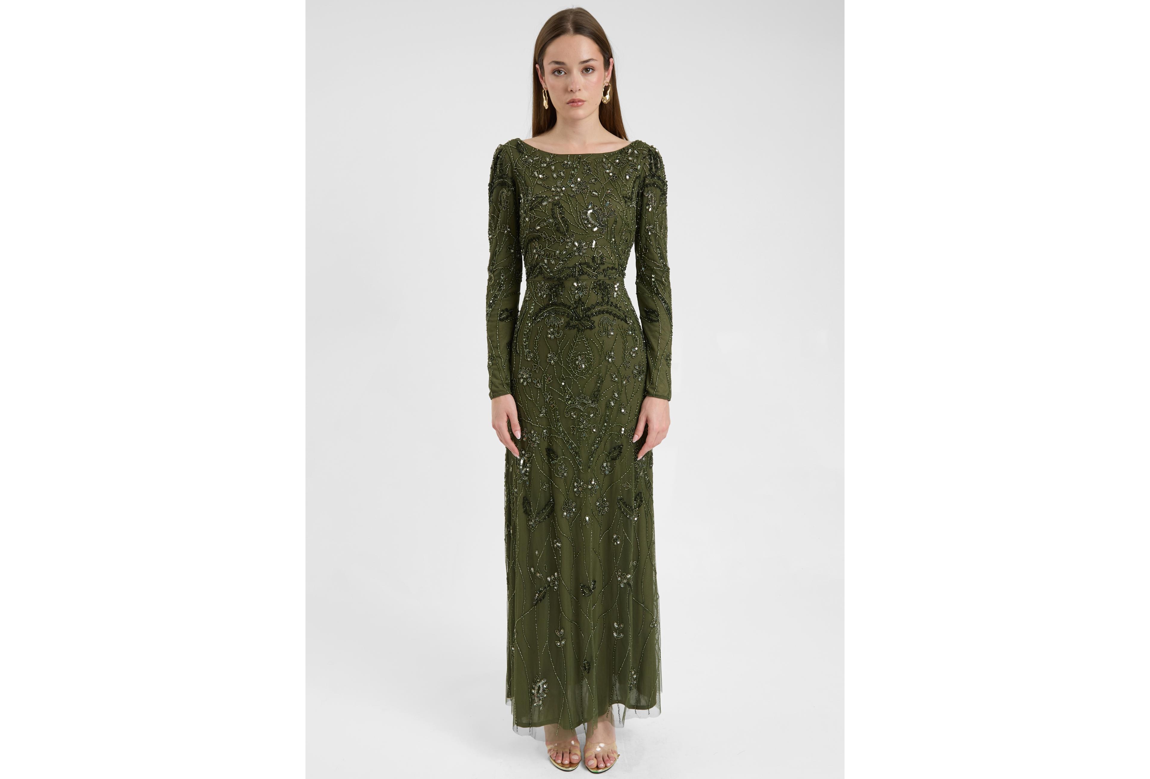 Maryisa Women's Modest Embellished Sequin Beaded Dress Maxi With Wide Neck