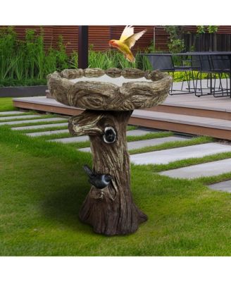 23 Inch High Wood-Look Concrete Bird Bath with Decorative Faux Bird – Birdbath Rustic & Long-Lasting Design, Enhances Garden