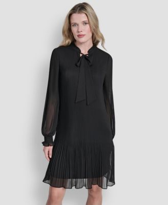 Women's Chiffon Pleated Tie Collar Shift Dress