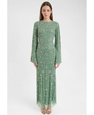 Women's Modest Embellished Sequin Beaded With Sleeves Design Maxi Dress