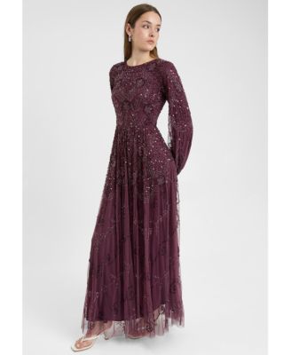 Women's Modest Embellished Sequin Beaded Dress Maxi With Boat Neck
