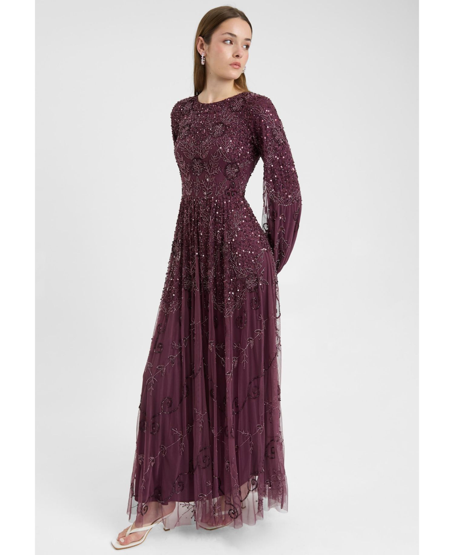 Women's Modest Embellished Sequin Beaded Dress Maxi With Boat Neck