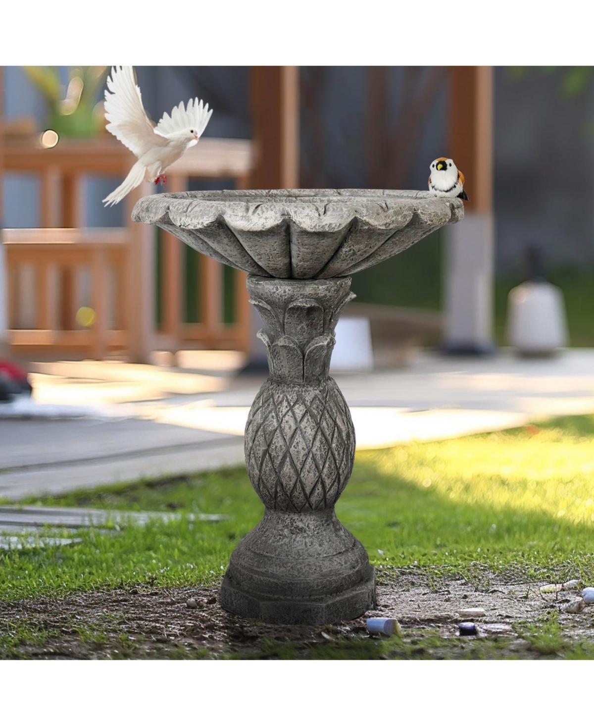 SunJet 24.8 Inch Heigh Concrete Bird Bath with Pineapple Texture – birdbath Sturdy & Elegant Design, Vintage Freestanding Style