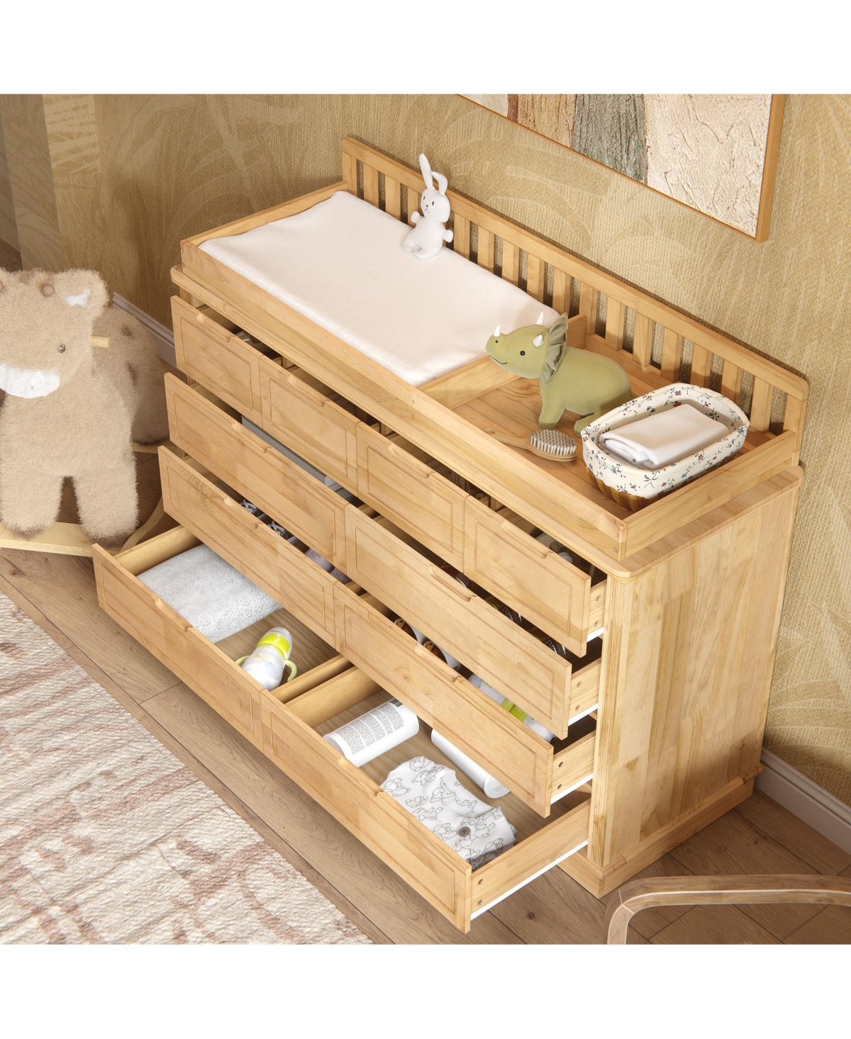 Homsee Solid Wood Changing Table with 10 Drawers and Guardrails,Chest of Drawers