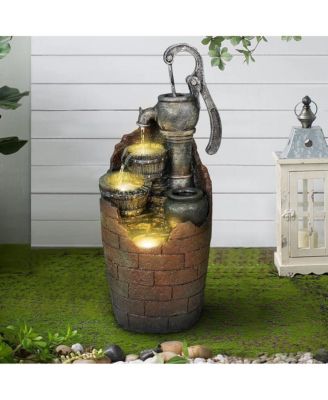 32.6" Rustic Barrel Outdoor Water Fountain - 4-Tier Cascading Waterfall Feature with Adjustable Pump for Garden, Patio, Yard