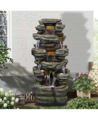 47.2" 6-Tier Cascading Rock Outdoor Water Fountain with LED Lights - Large Garden and Patio Waterfall Feature