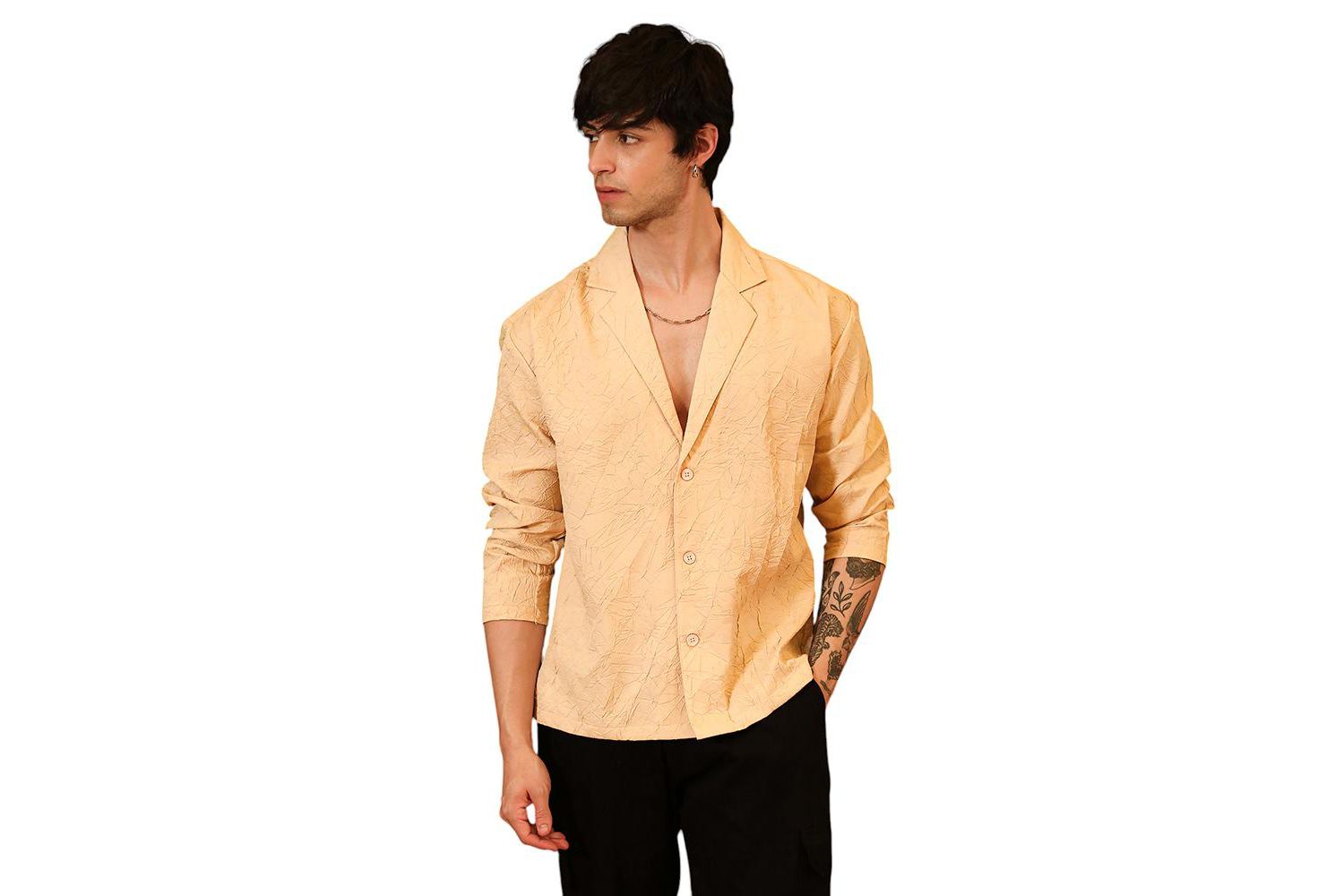 Men's Buff Beige Wrinkled Korean Oversized Shirt