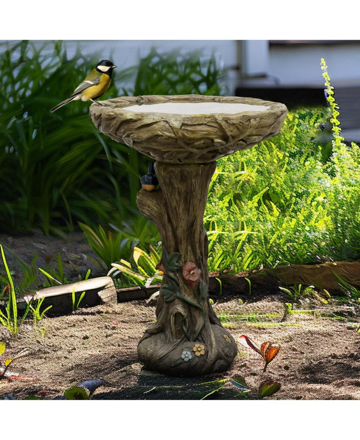 SunJet 25.5 Inch Heigh Wood-Look Concrete Bird Bath with Decorative Faux Bird – birdbath Rustic & Long-Lasting Design, Enhances Garden
