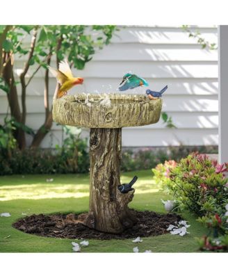 24.4" Wood-Look Concrete Bird Bath with faux bird, rustic and durable design for garden decor.