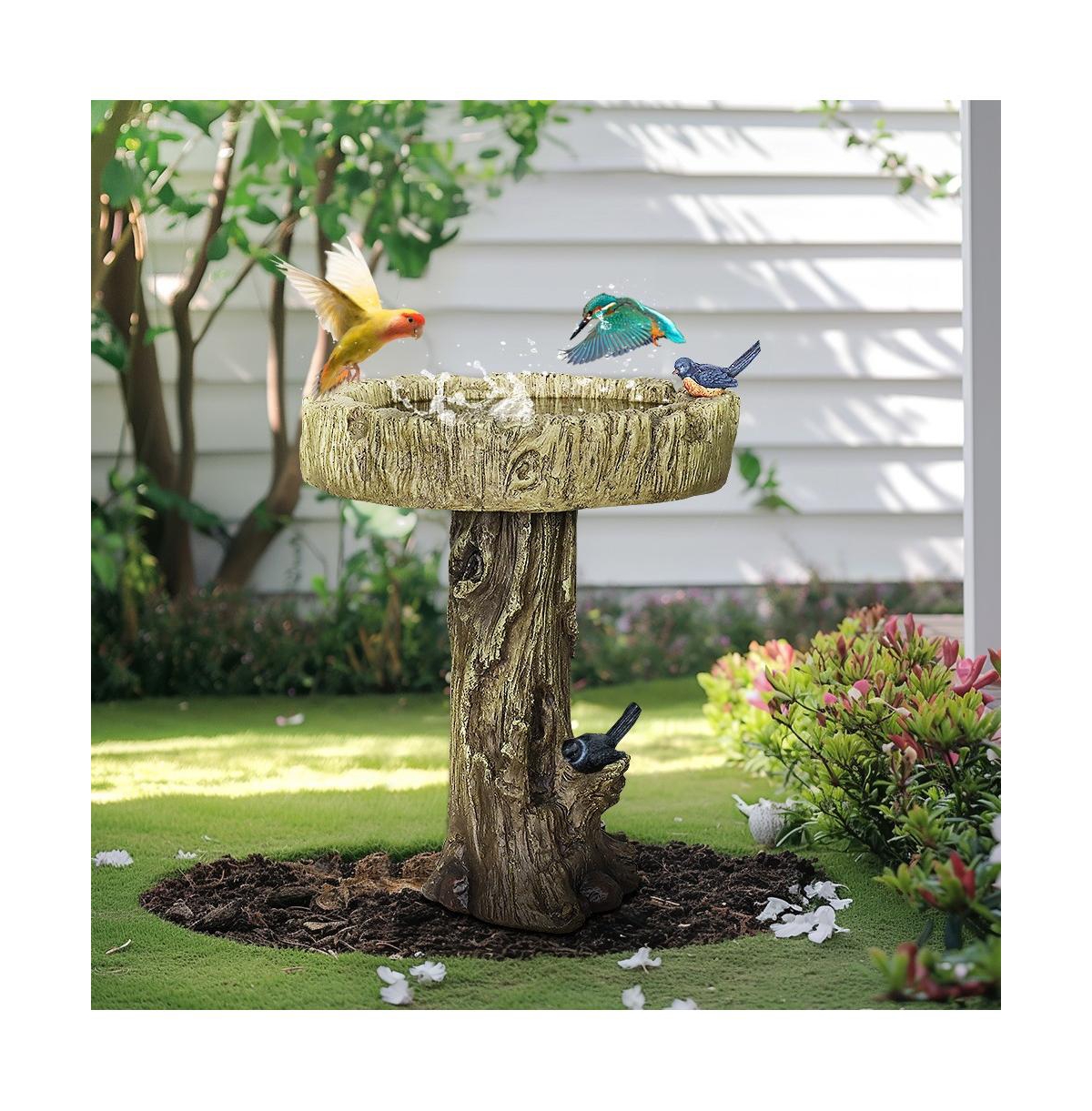 SunJet 24.4" Wood-Look Concrete Bird Bath with faux bird, rustic and durable design for garden decor.