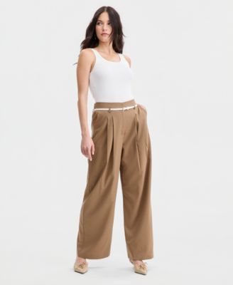 Women's Belted Pleated Wide-Leg Trousers