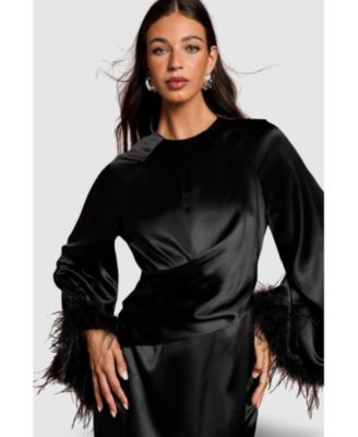 Women's Feather Trim Satin Maxi Dress