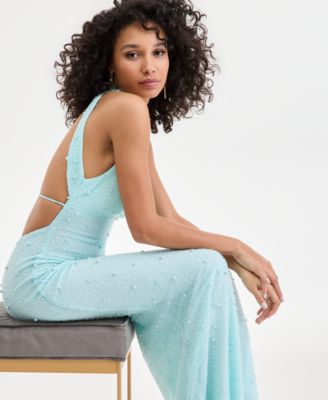 Juniors' V-Neck Low-Back Bead-Embellished Gown 