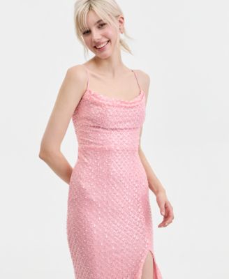 Juniors' Beaded V-Neck Lace-Up-Back Gown 