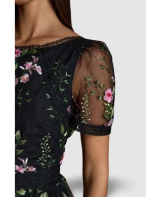 Women's Lace Trim Embroidered Mesh Midi Dress