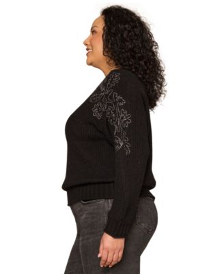 Plus Size Embroidered Shoulder Long-Sleeve Sweater