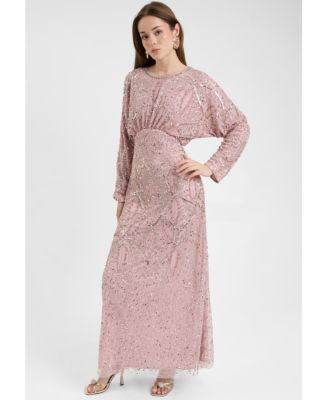 Women's Modest Embellished Sequin Beaded Dress Maxi With long Flowey Sleeves