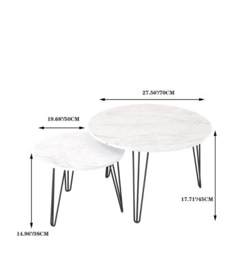 27.56 Inch Round Nesting Coffee Table Set of 2 with Marble Tabletop and Metal Base