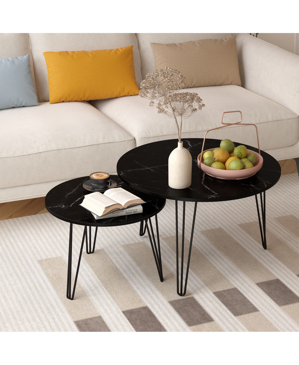 sumyeg 27.56 Inch Round Nesting Coffee Table Set of 2 with Marble Tabletop and Metal Base