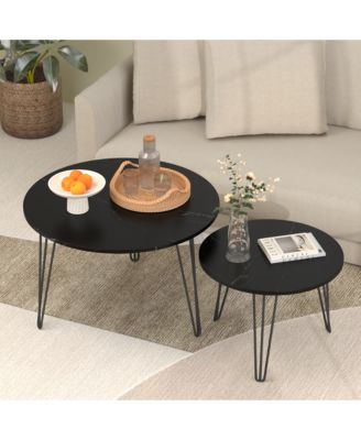 27.56 Inch Round Nesting Coffee Table Set of 2 with Marble Tabletop and Metal Base