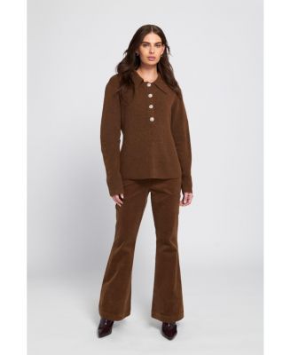 Women's Fuzzy Knit Jumper Henley Sweater