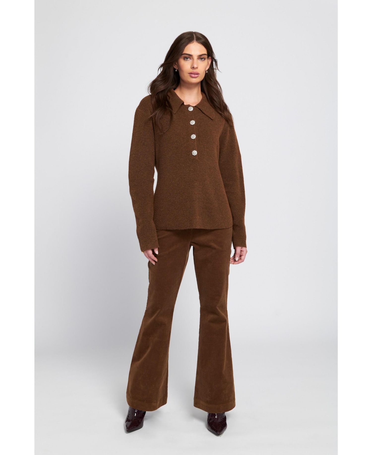 Women's Fuzzy Knit Jumper Henley Sweater