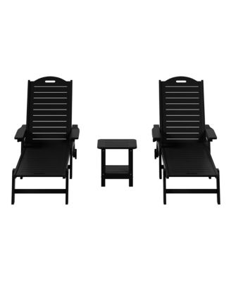 3-Piece Polyethylene Outdoor Patio Chaise Lounge Chair with Wheels & Cup Holder with Patio Side Table