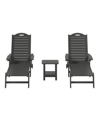 3-Piece Polyethylene Outdoor Patio Chaise Lounge Chair with Wheels & Cup Holder with Patio Side Table