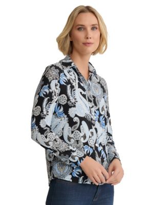 Petite Long-Sleeve Button Front Printed Top