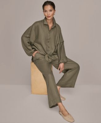 Women's Long Blouson Sleeve Button Adjustable Tie Shirt