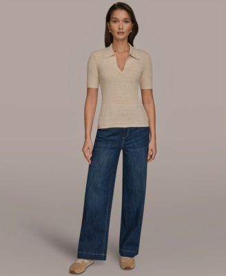 Women's Collared V-Neck Short-Sleeve Sweater