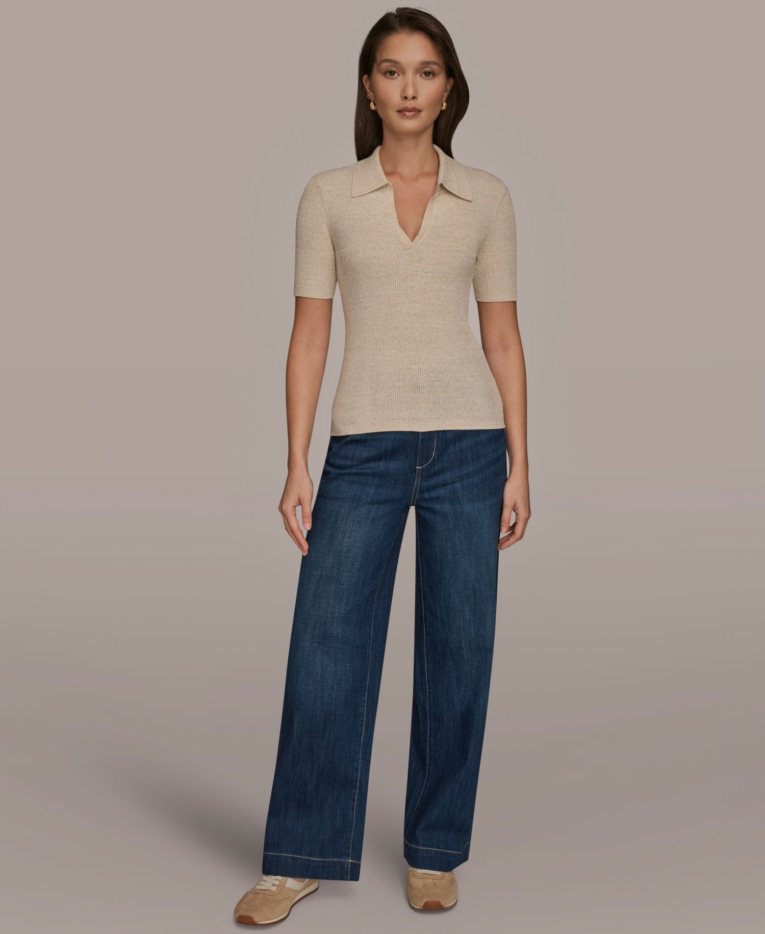 Women's Cotton Rib Elbow Sleeve Polo Sweater