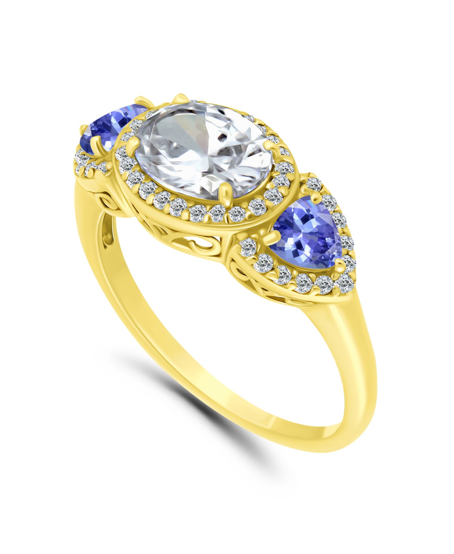 Cubic Zirconia Oval, Tanzanite Accents 3 Stone Ring