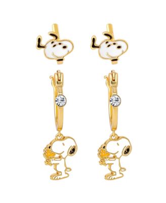 Snoopy Earring Set, 2-Pair, Gold-Tone Studs & Dangle Hoops