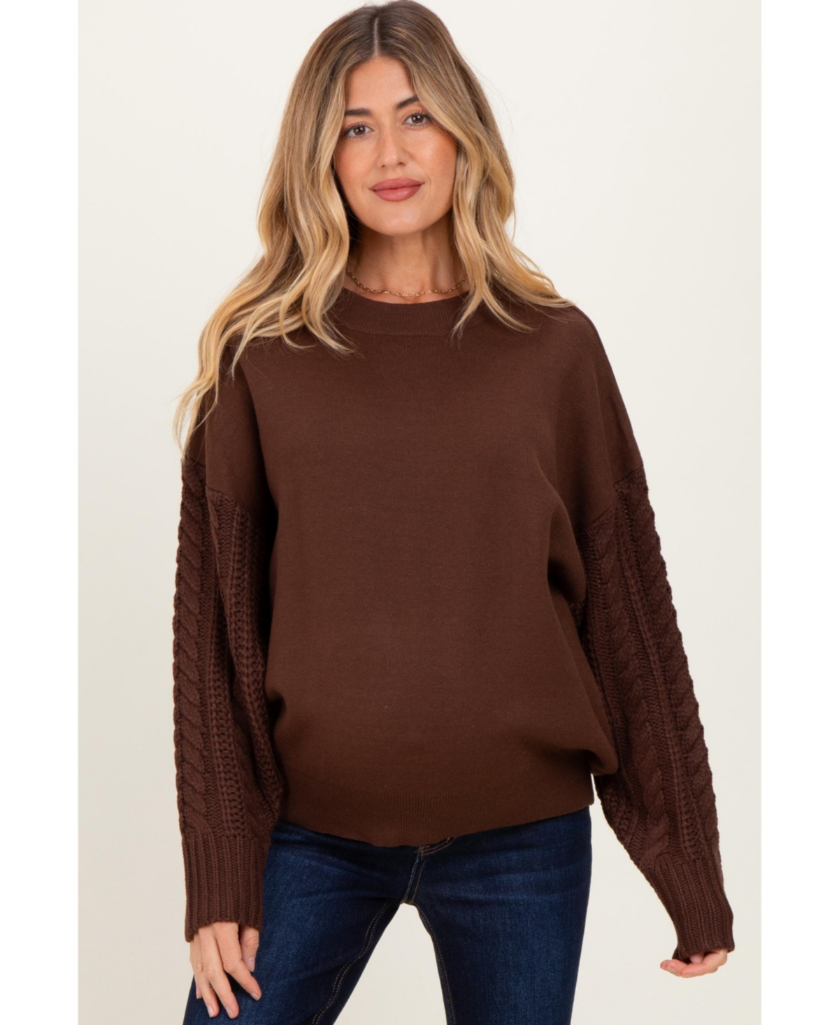 Pinkblush Maternity Brown Cable Knit Sleeve Round Neck Sweater
