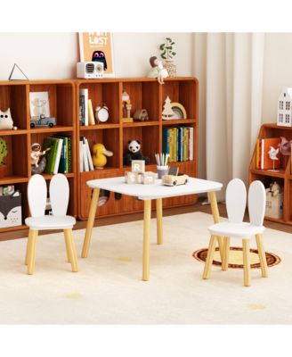 CASAINC 3-Piece Rabbit Themed Kids Table and Chair Set with Solid Wood Legs in White