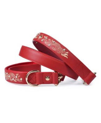 Western Style Full Grain Genuine Leather Dog Leash with Embroidery and Pearl or Turquoise Studs