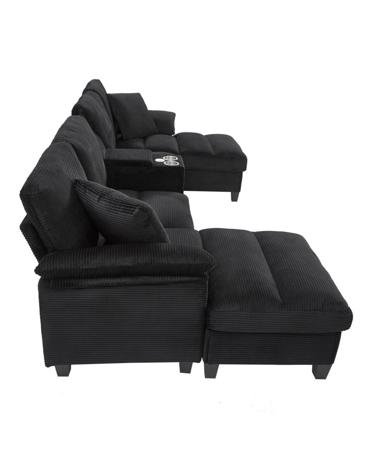 Streamdale Furniture Modern U-shaped Corduroy Sofa with Storage, Cup Holders & Usb Ports, Black