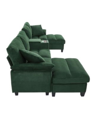  Modern U-shaped Corduroy Sofa with Storage, Cup Holders & USB Ports