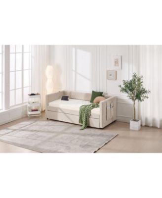 Streamdale Twin Upholstered Daybed with Trundle, USB, Side Pockets, No Box Spring Needed (Beige