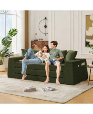 Corduroy Convertible Sofa Bed Loveseat Sleeper with 5 Pillows, Green