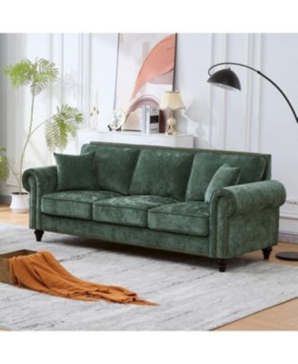 86" Modern Chenille 3-Seater Sofa with Rolled Arms & Wood Legs (Green