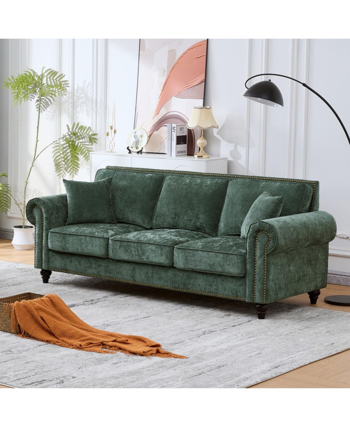 Streamdale Furniture 86" Modern Chenille 3-Seater Sofa with Rolled Arms & Wood Legs (Green