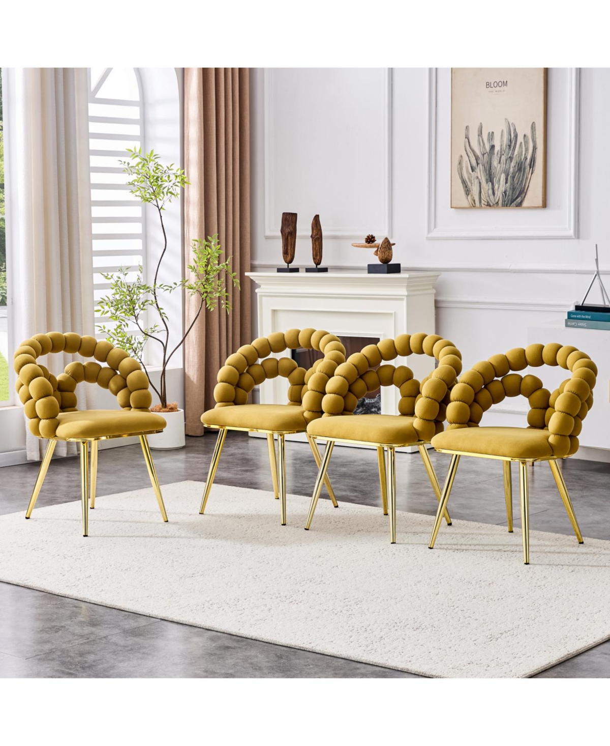 Streamdale Set of 2 Yellow Velvet Dining Chairs with Gold Legs