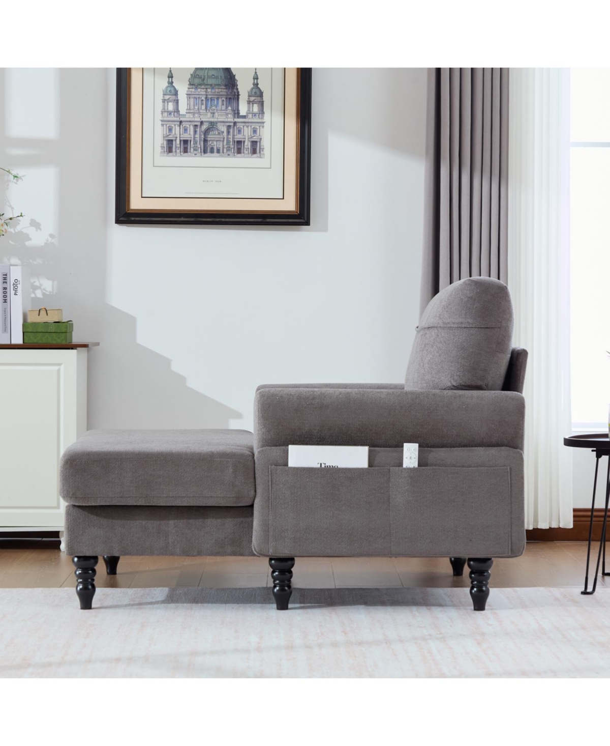 Streamdale Modern Minimalist Chenille Chaise Lounge Recliner Sofa with Wooden Legs & Side Pockets