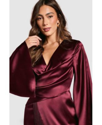 Women's Satin Fringe Hem Wrap Waist Midi Dress